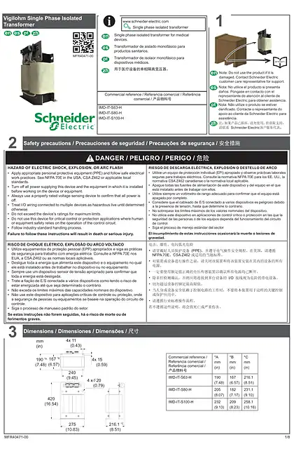 schneider施耐德Vigilohm Single Phase Isolated Transformer Instruction Sheet